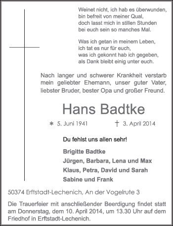 Anzeige von Hans Badtke von  Werbepost 