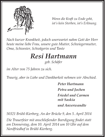 Anzeige von Resi Hartmann von  Schlossbote/Werbekurier 
