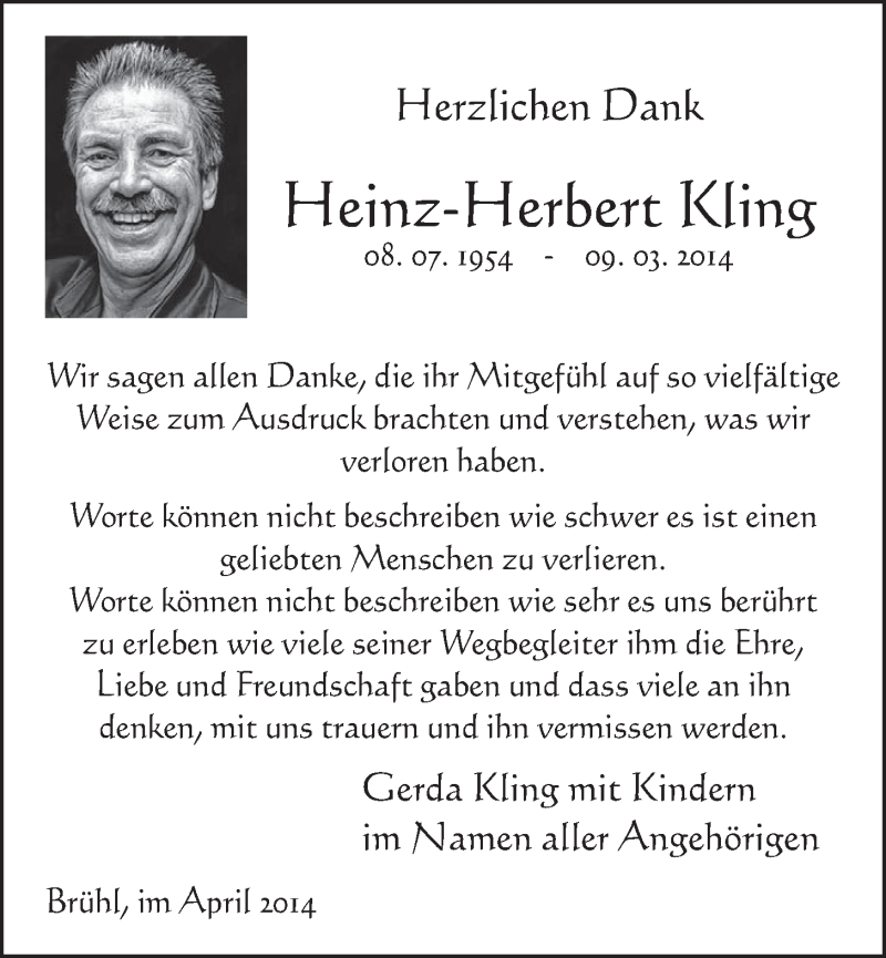  Traueranzeige für Heinz-Herbert Kling vom 16.04.2014 aus  Schlossbote/Werbekurier 
