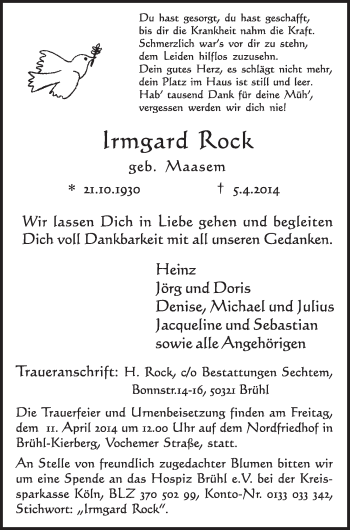 Anzeige von Irmgard Rock von  Schlossbote/Werbekurier 