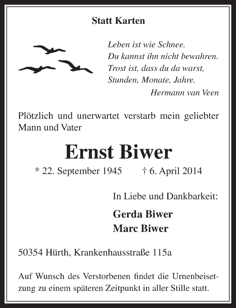  Traueranzeige für Ernst Biwer vom 09.04.2014 aus  Wochenende 