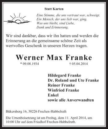 Anzeige von Werner Max Franke von  Wochenende 