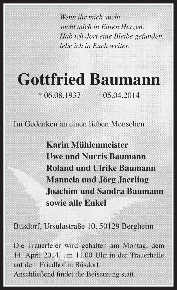  Traueranzeige für Gottfried Baumann vom 09.04.2014 aus  Werbepost 