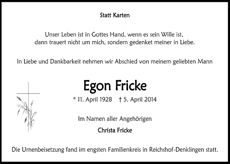  Traueranzeige für Egon Fricke vom 09.04.2014 aus  Lokalanzeiger 