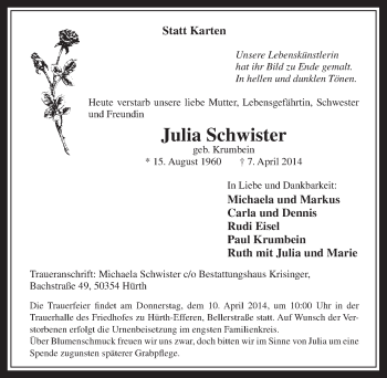 Anzeige von Julia Schwister von  Wochenende 