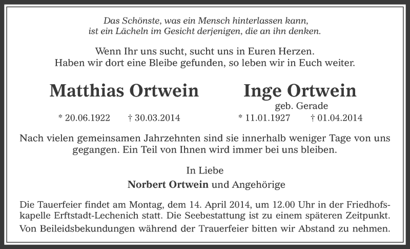  Traueranzeige für Matthias und Inge Ortwein vom 09.04.2014 aus  Werbepost 