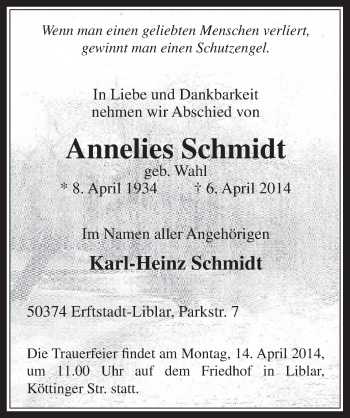 Anzeige von Annelies Schmidt von  Werbepost 
