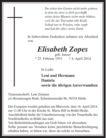 Anzeige von Elisabeth Zopes von  Schlossbote/Werbekurier 