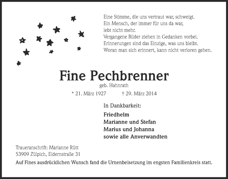  Traueranzeige für Fine Pechbrenner vom 13.04.2014 aus  Blickpunkt Euskirchen 
