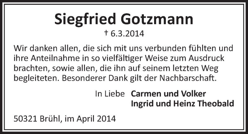  Traueranzeige für Siegfried Gotzmann vom 16.04.2014 aus  Schlossbote/Werbekurier 