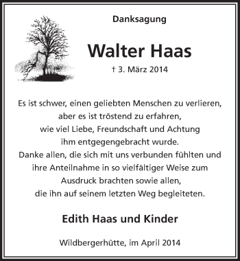 Anzeige von Walter Haas von  Lokalanzeiger 