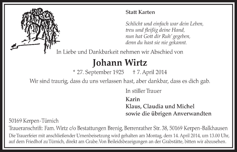  Traueranzeige für Johann Wirtz vom 12.04.2014 aus  Sonntags-Post 