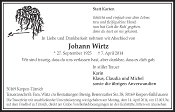 Anzeige von Johann Wirtz von  Sonntags-Post 