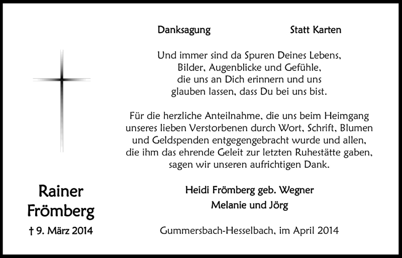  Traueranzeige für Rainer Frömberg vom 23.04.2014 aus  Anzeigen Echo 