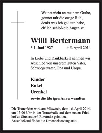 Anzeige von Willi Bertermann von  Sonntags-Post 