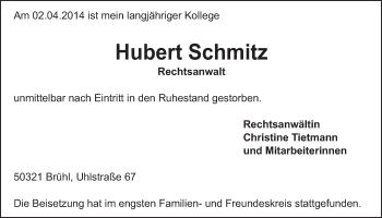 Anzeige von Hubert Schmitz von  Schlossbote/Werbekurier 