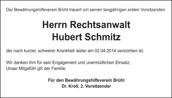 Anzeige von Hubert Schmitz von  Schlossbote/Werbekurier 