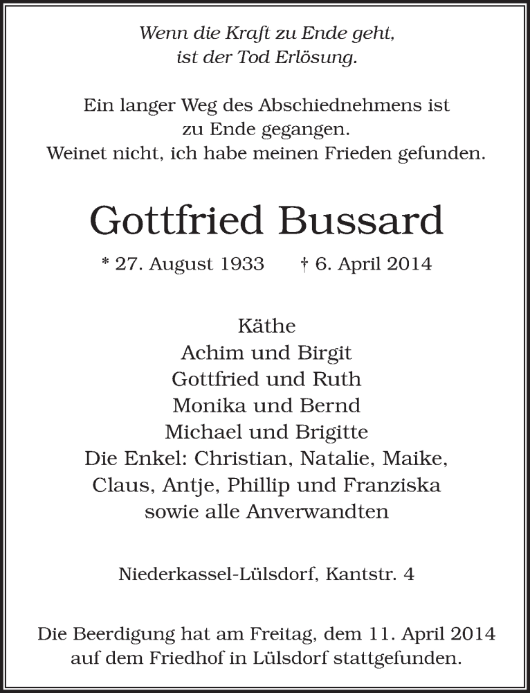  Traueranzeige für Gottfried Bussard vom 16.04.2014 aus  Extra Blatt 