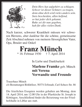 Anzeige von Franz Münch von  Sonntags-Post 