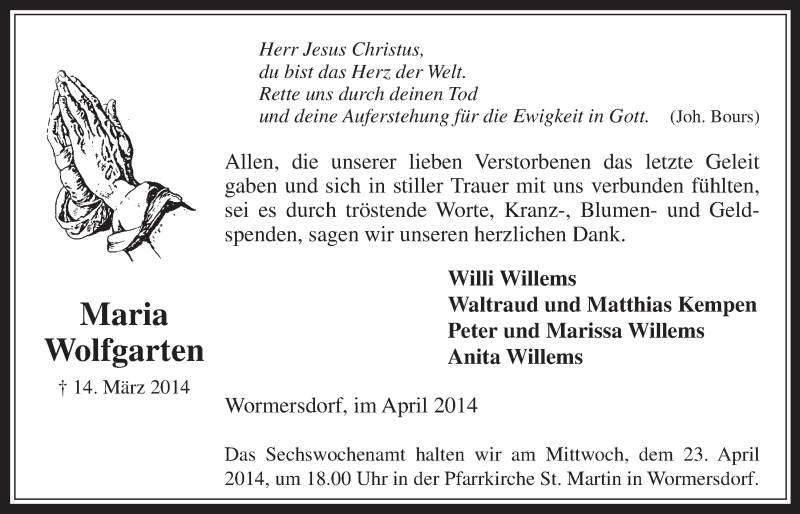  Traueranzeige für Maria Wolfgarten vom 16.04.2014 aus  Schaufenster/Blickpunkt 