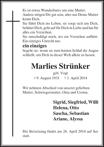 Anzeige von Marlies Strünker von  Bergisches Handelsblatt 