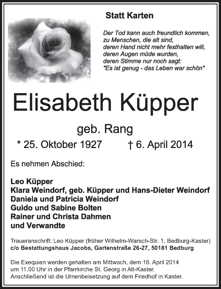  Traueranzeige für Elisabeth Küpper vom 12.04.2014 aus  Sonntags-Post 