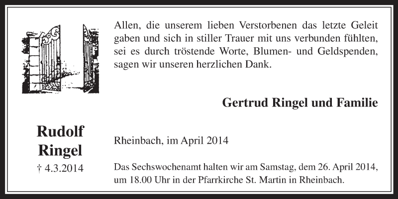  Traueranzeige für Rudolf Ringel vom 16.04.2014 aus  Schaufenster/Blickpunkt 