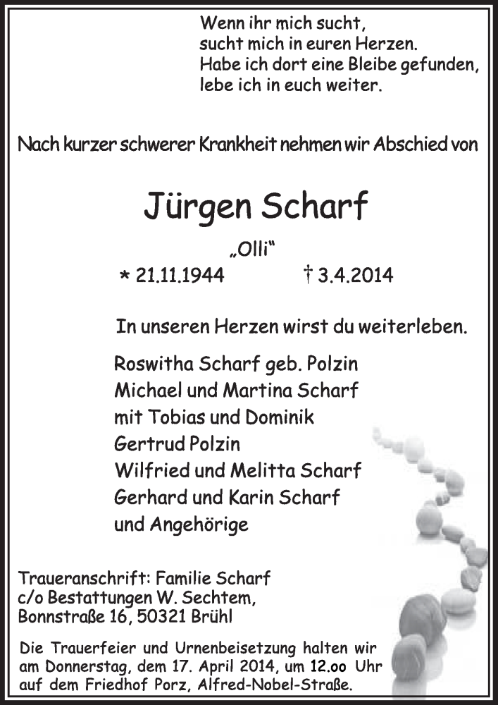  Traueranzeige für Jürgen Scharf vom 16.04.2014 aus  Kölner Wochenspiegel 