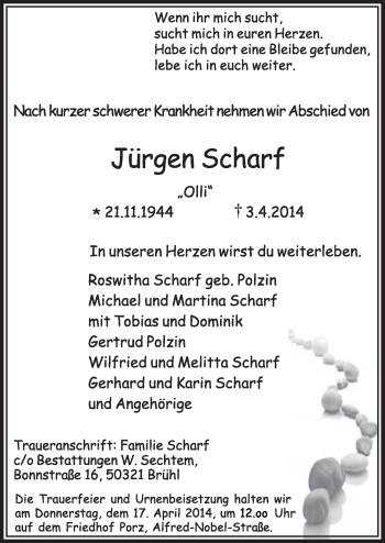 Anzeige von Jürgen Scharf von  Kölner Wochenspiegel 