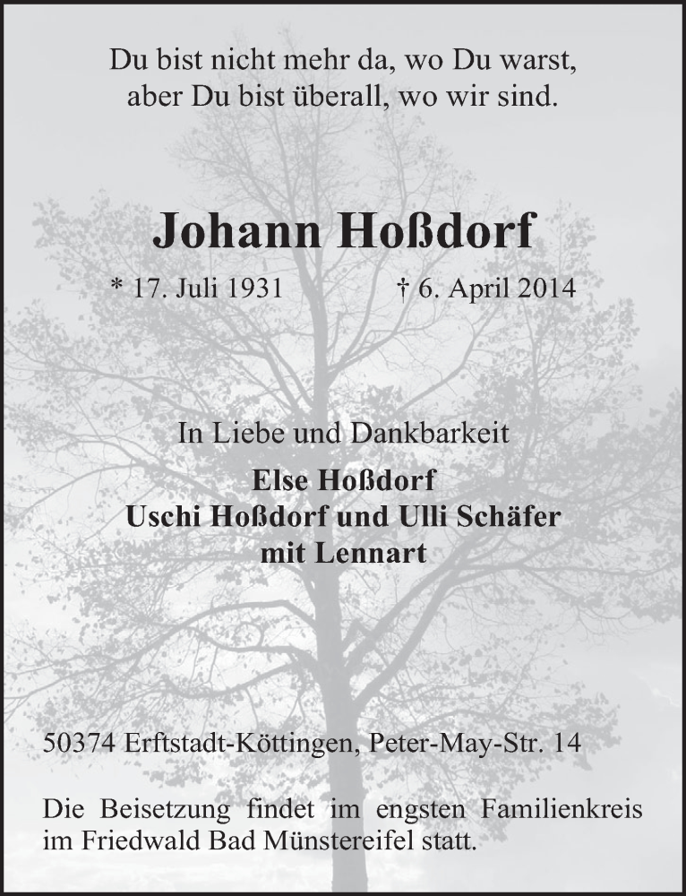  Traueranzeige für Johann Hoßdorf vom 12.04.2014 aus  Sonntags-Post 