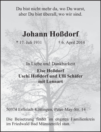 Anzeige von Johann Hoßdorf von  Sonntags-Post 