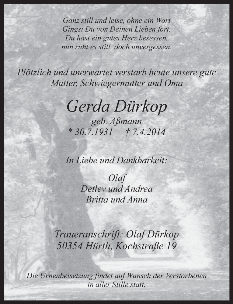  Traueranzeige für Gerda Dürkop vom 16.04.2014 aus  Wochenende 