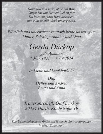 Anzeige von Gerda Dürkop von  Wochenende 