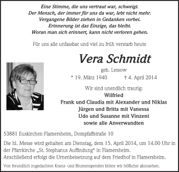 Anzeige von Vera Schmidt von  Blickpunkt Euskirchen 
