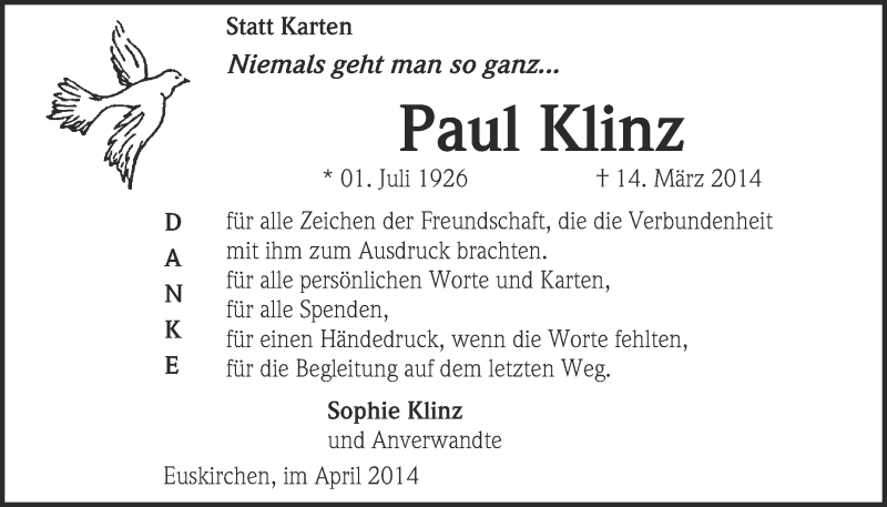  Traueranzeige für Paul Klinz vom 13.04.2014 aus  Blickpunkt Euskirchen 