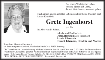 Anzeige von Grete Ingenhorst von  Bergisches Handelsblatt 