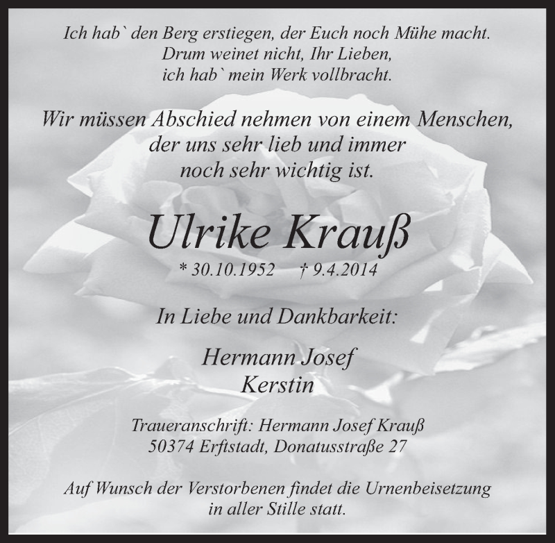  Traueranzeige für Ulrike Krauß vom 16.04.2014 aus  Werbepost 
