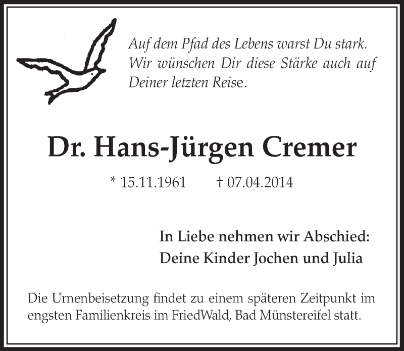  Traueranzeige für Hans-Jürgen Cremer vom 12.04.2014 aus  Sonntags-Post 