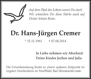 Anzeige von Hans-Jürgen Cremer von  Sonntags-Post 