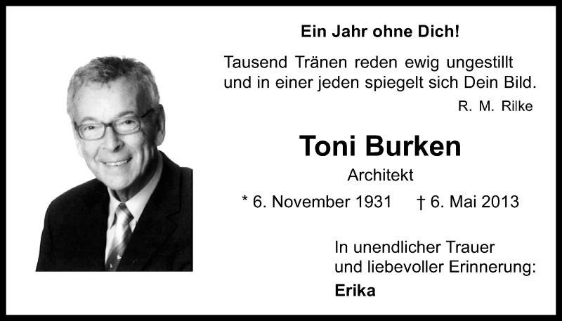 Traueranzeige für Toni Burken vom 07.05.2014 aus  Kölner Wochenspiegel 