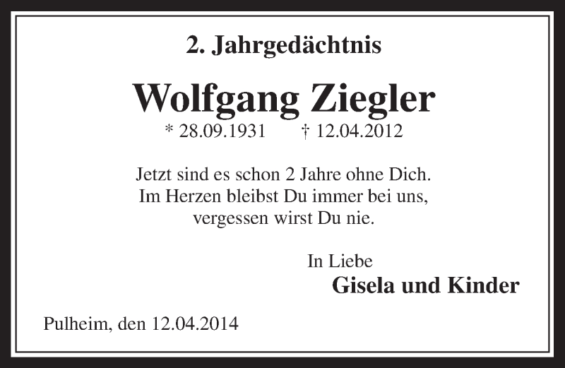  Traueranzeige für Wolfgang Ziegler vom 12.04.2014 aus  Sonntags-Post 