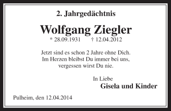 Anzeige von Wolfgang Ziegler von  Sonntags-Post 