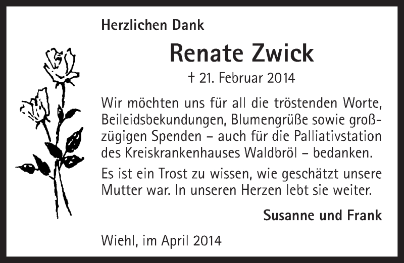  Traueranzeige für Renate Zwick vom 16.04.2014 aus  Anzeigen Echo 