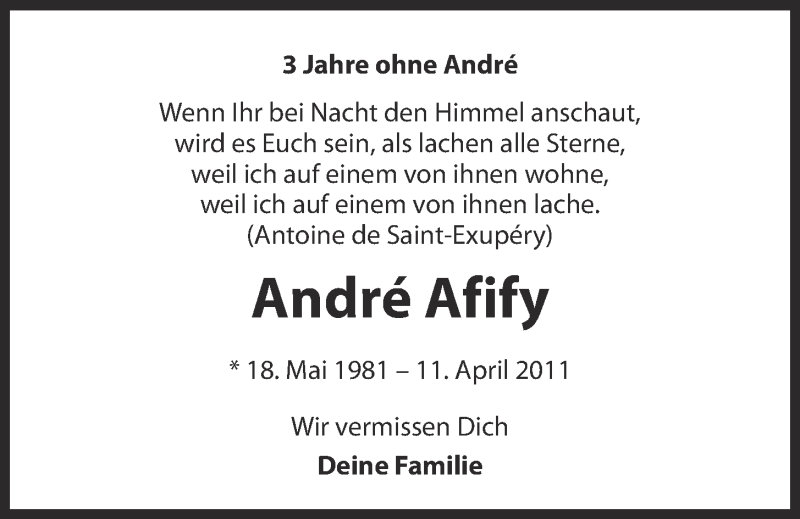  Traueranzeige für André Afify vom 12.04.2014 aus 