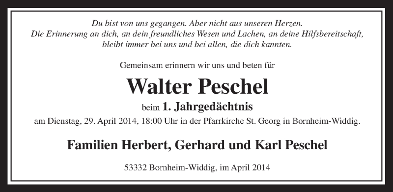  Traueranzeige für Walter Peschel vom 26.04.2014 aus  Schaufenster/Blickpunkt am Wochenende 