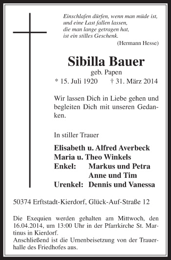 Anzeige von Sibilla Bauer von  Sonntags-Post 