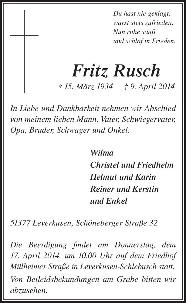  Traueranzeige für Fritz Rusch vom 16.04.2014 aus  Lokale Informationen 