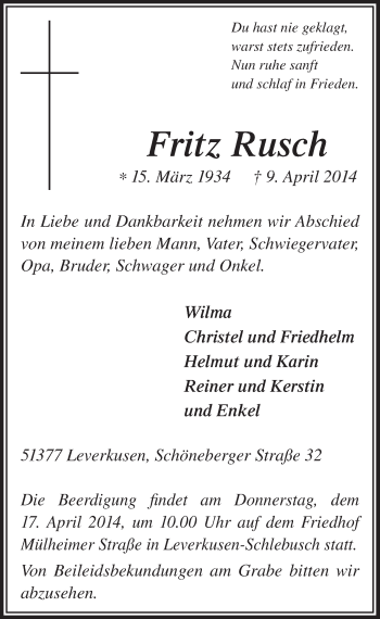 Anzeige von Fritz Rusch von  Lokale Informationen 