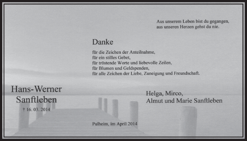  Traueranzeige für Hans-Werner Sanftleben vom 12.04.2014 aus  Sonntags-Post 
