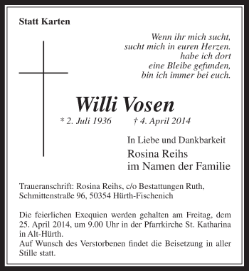Anzeige von Willi Vosen von  Wochenende 